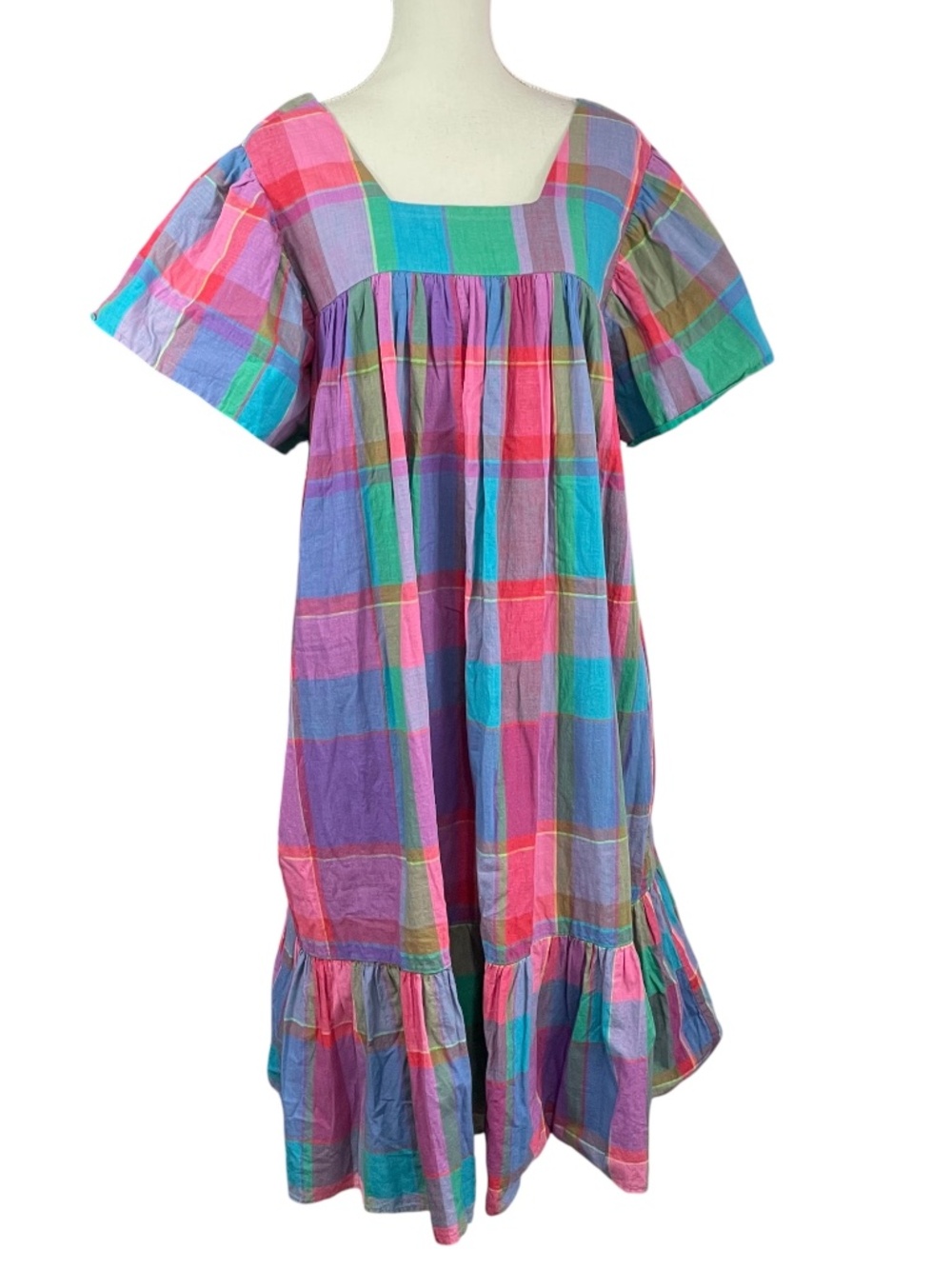 Plaid Nap Dress M Cotton Rainbow Square Neck Maxi Long Short Sleeve Breathable